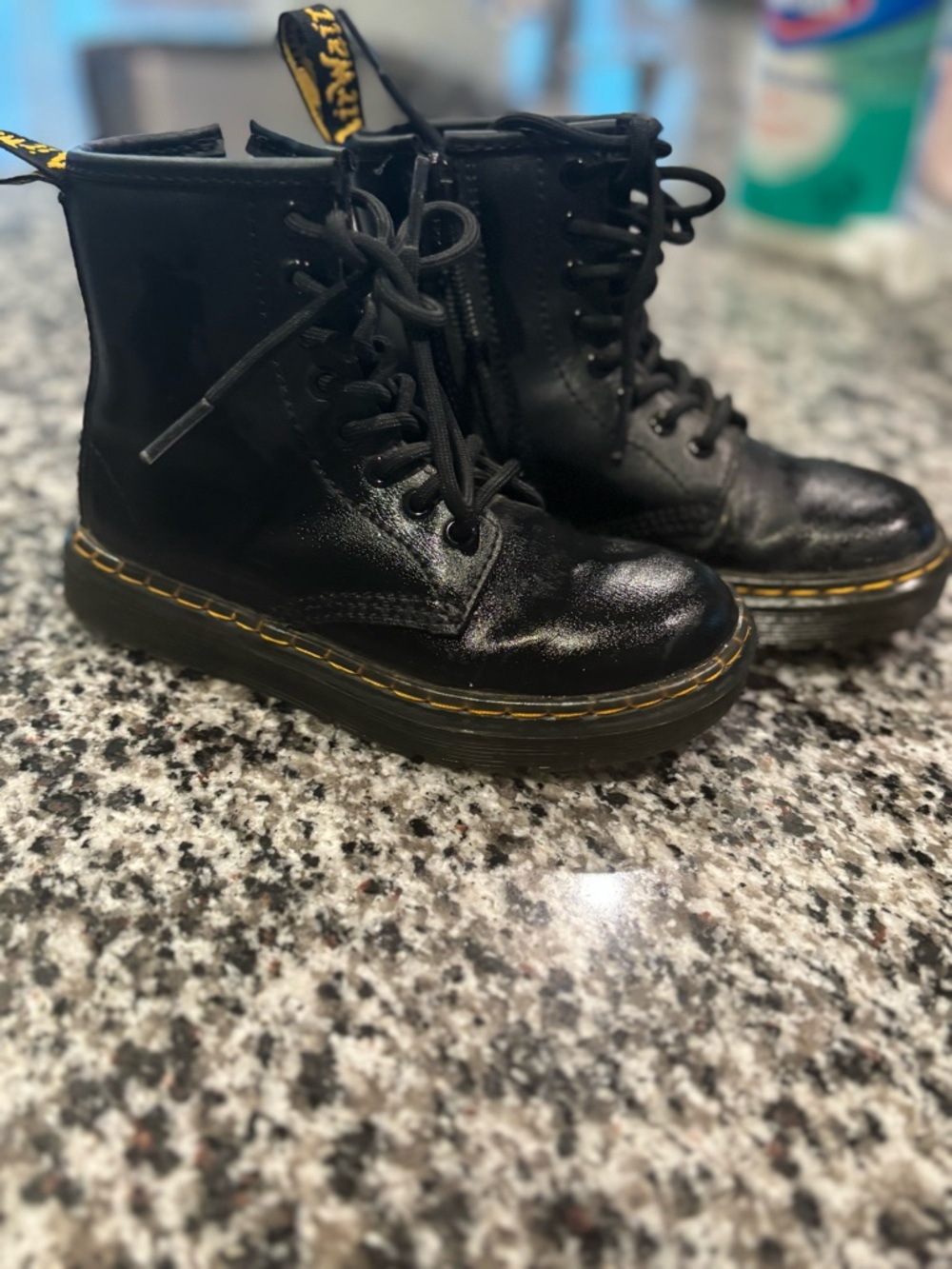 Doc Martens kids Black Lace-Up Combat Boots with Yellow Stitching